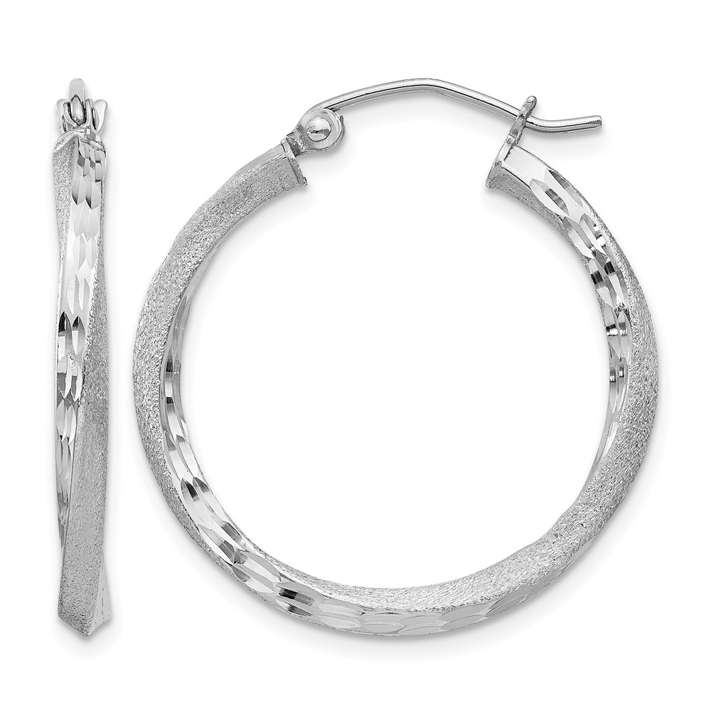 Sterling Silver RH-plated Satin Diamond-cut 2.5x25mm Twisted Hoop Earrings (QE4598)