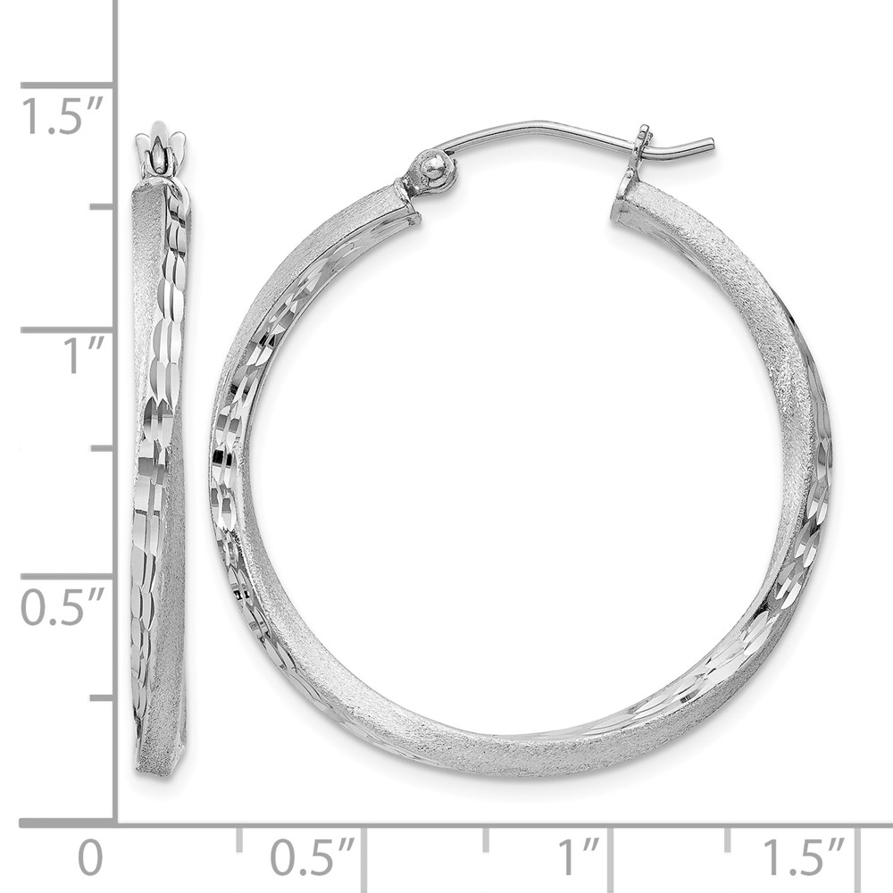 Sterling Silver RH-plated Satin Diamond-cut 2.5x30mm Twisted Hoop Earrings (QE4599)