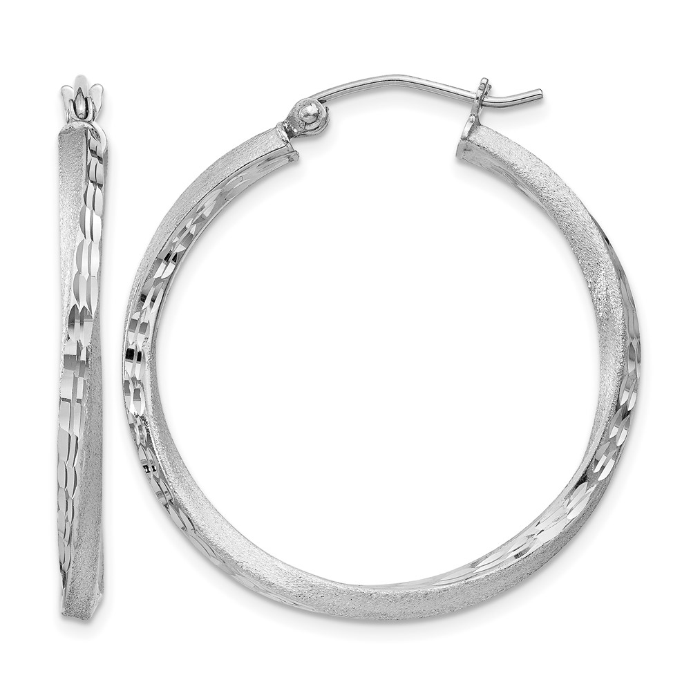 Sterling Silver RH-plated Satin Diamond-cut 2.5x30mm Twisted Hoop Earrings (QE4599)
