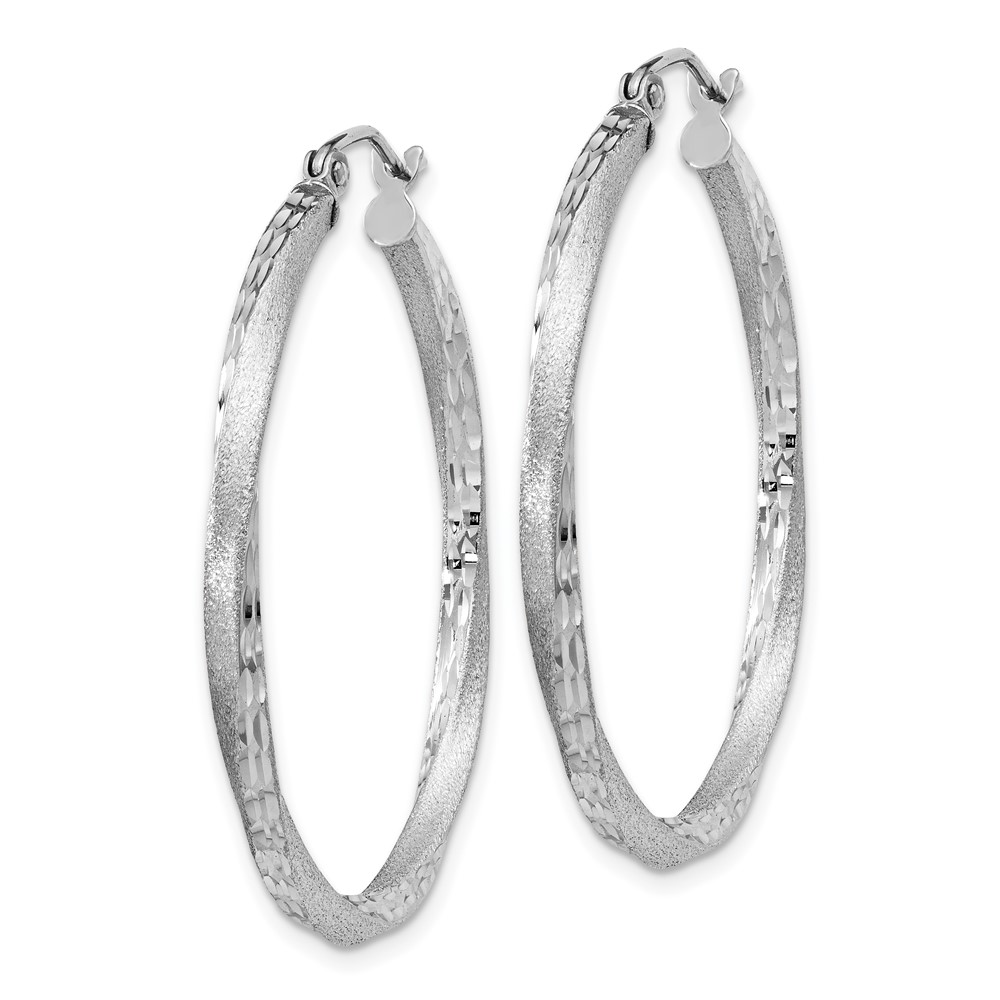 Sterling Silver RH-plated Satin Diamond-cut 2.5x35mm Twisted Hoop Earrings (QE4600)