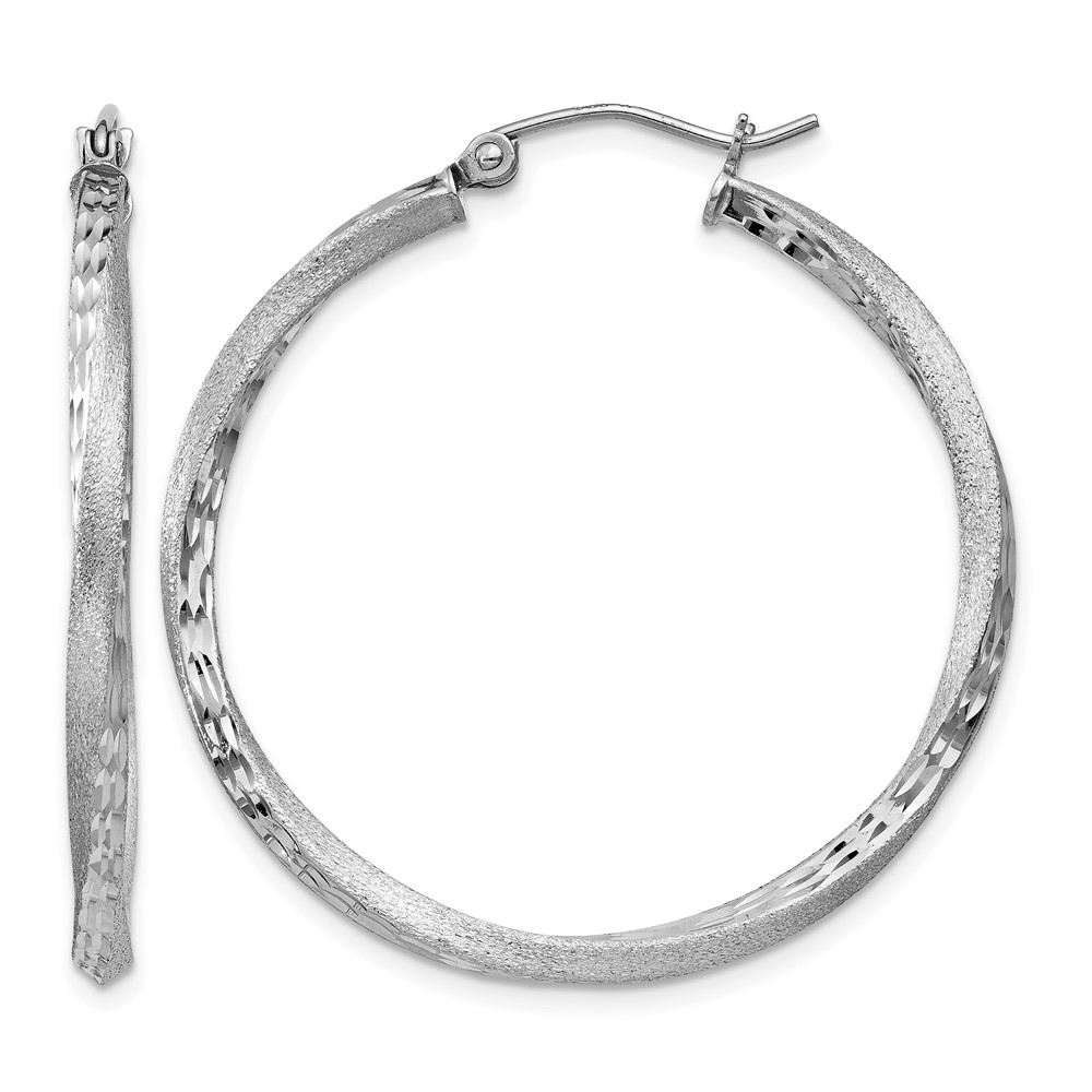 Sterling Silver RH-plated Satin Diamond-cut 2.5x35mm Twisted Hoop Earrings (QE4600)
