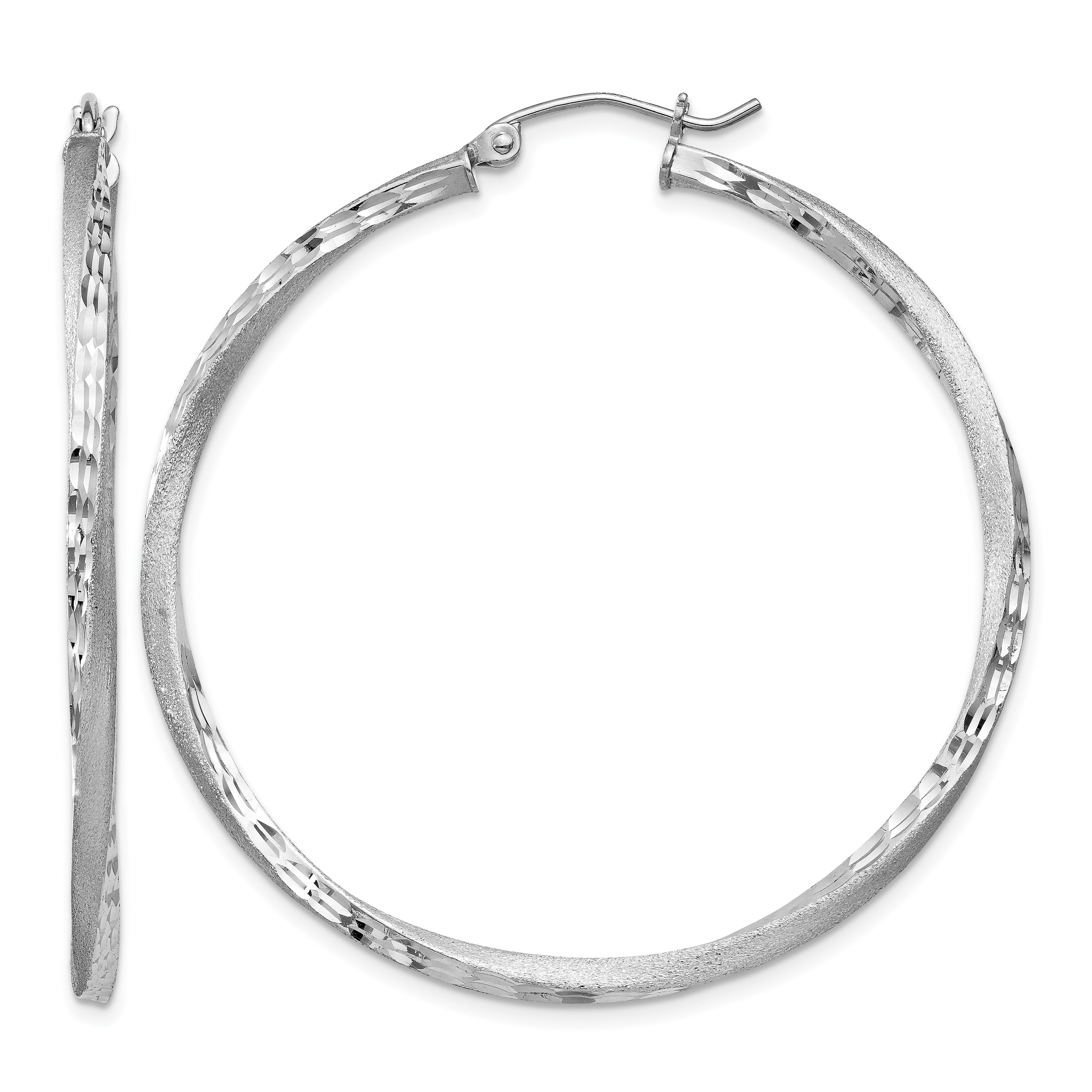 Sterling Silver RH-plated Satin Diamond-cut 2.5x45mm Twisted Hoop Earrings (QE4602)