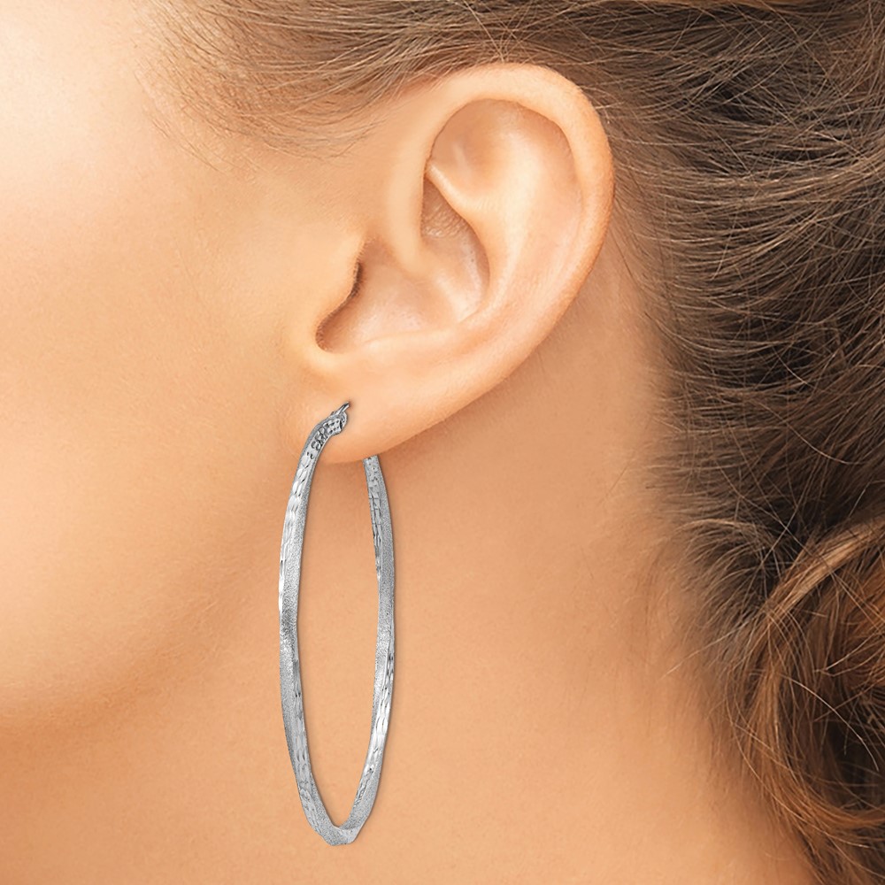 Sterling Silver RH-plated Satin Diamond-cut 2.5x55mm Twisted Hoop Earrings (QE4604)