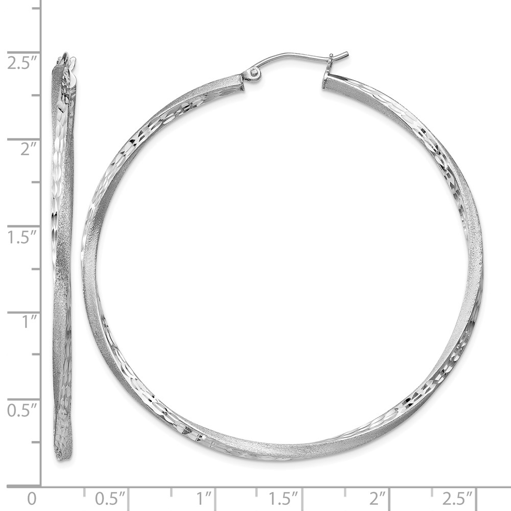 Sterling Silver RH-plated Satin Diamond-cut 2.5x55mm Twisted Hoop Earrings (QE4604)