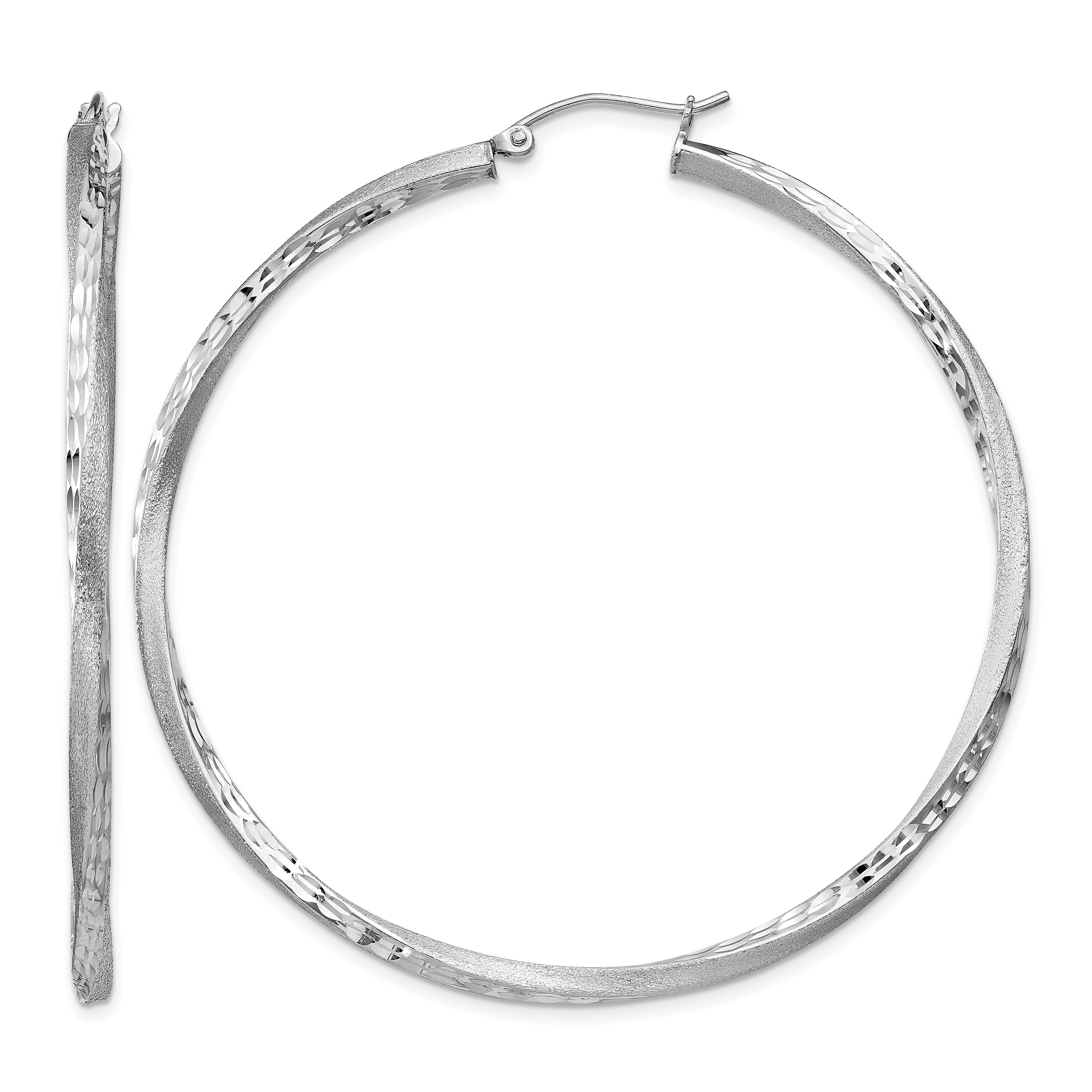 Sterling Silver RH-plated Satin Diamond-cut 2.5x55mm Twisted Hoop Earrings (QE4604)
