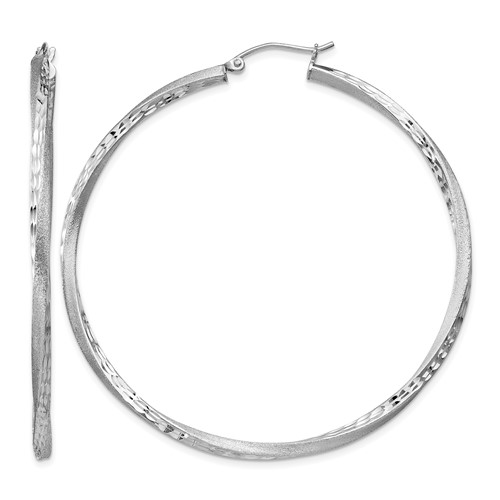Sterling Silver RH-plated Satin Diamond-cut 2.5x 55mm Twisted Hoop Earrings