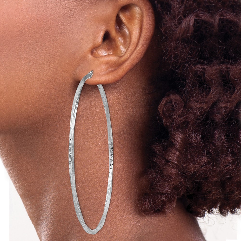 Sterling Silver RH-plated Satin Diamond-cut 2.5x80mm Twisted Hoop Earrings (QE4608)
