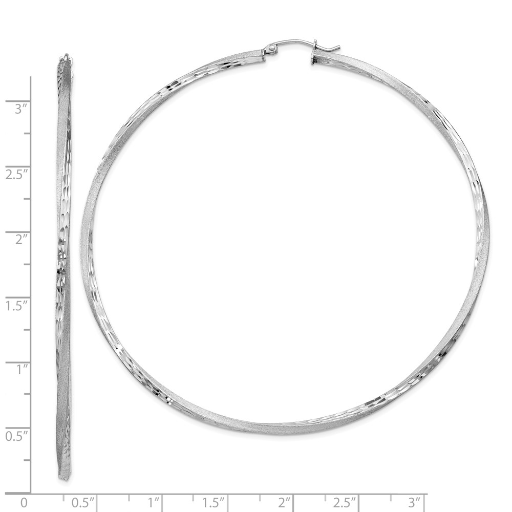 Sterling Silver RH-plated Satin Diamond-cut 2.5x80mm Twisted Hoop Earrings (QE4608)