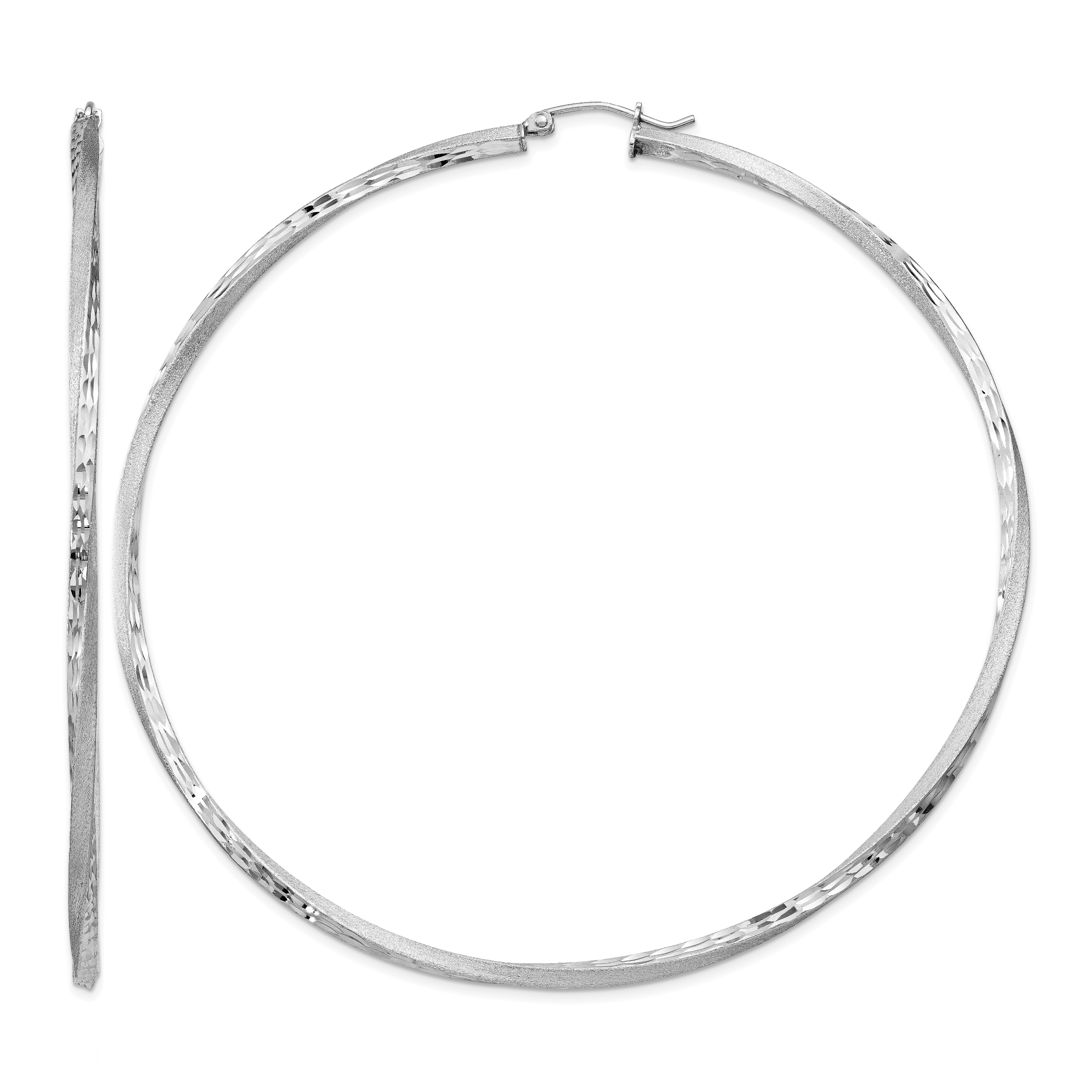 Sterling Silver RH-plated Satin Diamond-cut 2.5x80mm Twisted Hoop Earrings (QE4608)