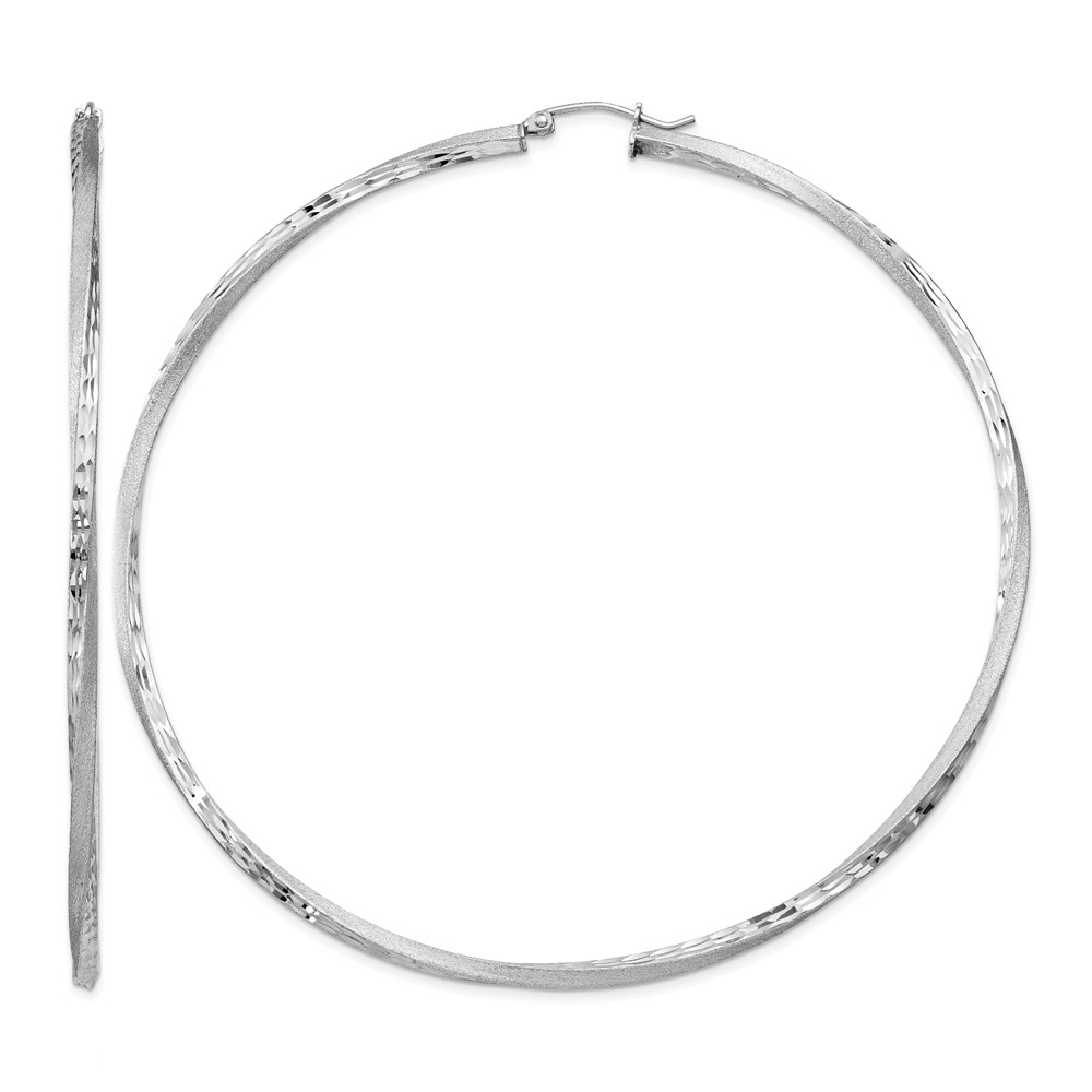 Sterling Silver RH-plated Satin Diamond-cut 2.5x80mm Twisted Hoop Earrings (QE4608)