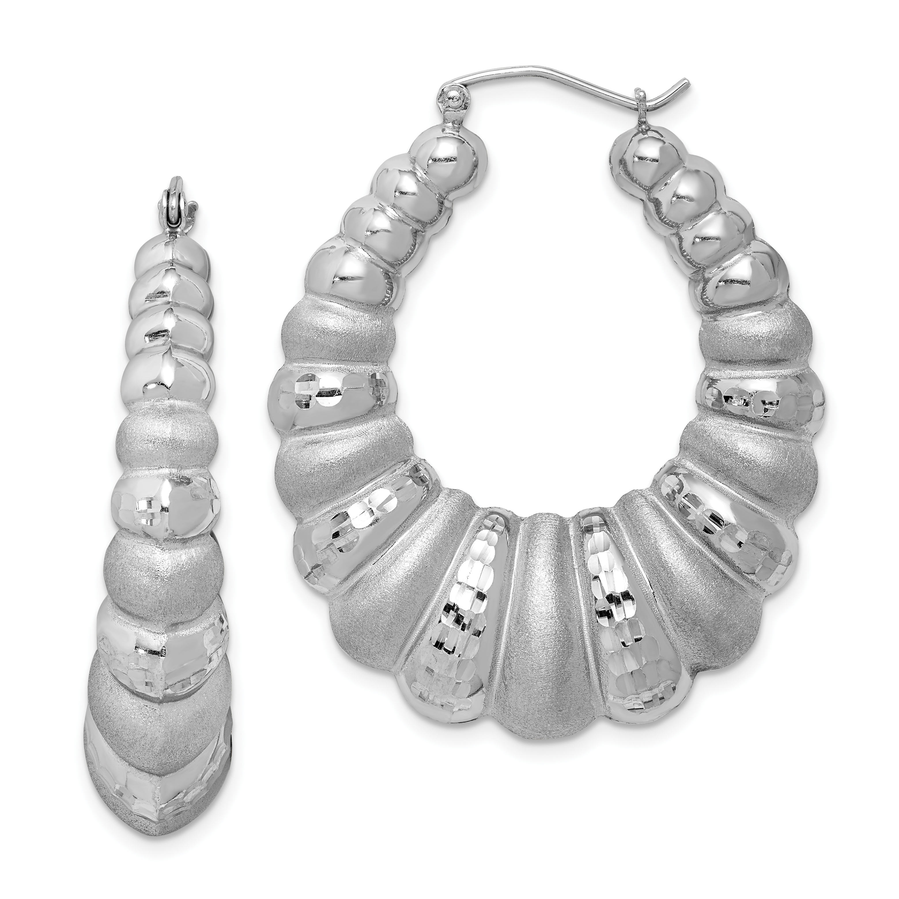 Sterling Silver Rhodium-plated Satin & D/C Shrimp Oval Hoop Earrings (QE4689)