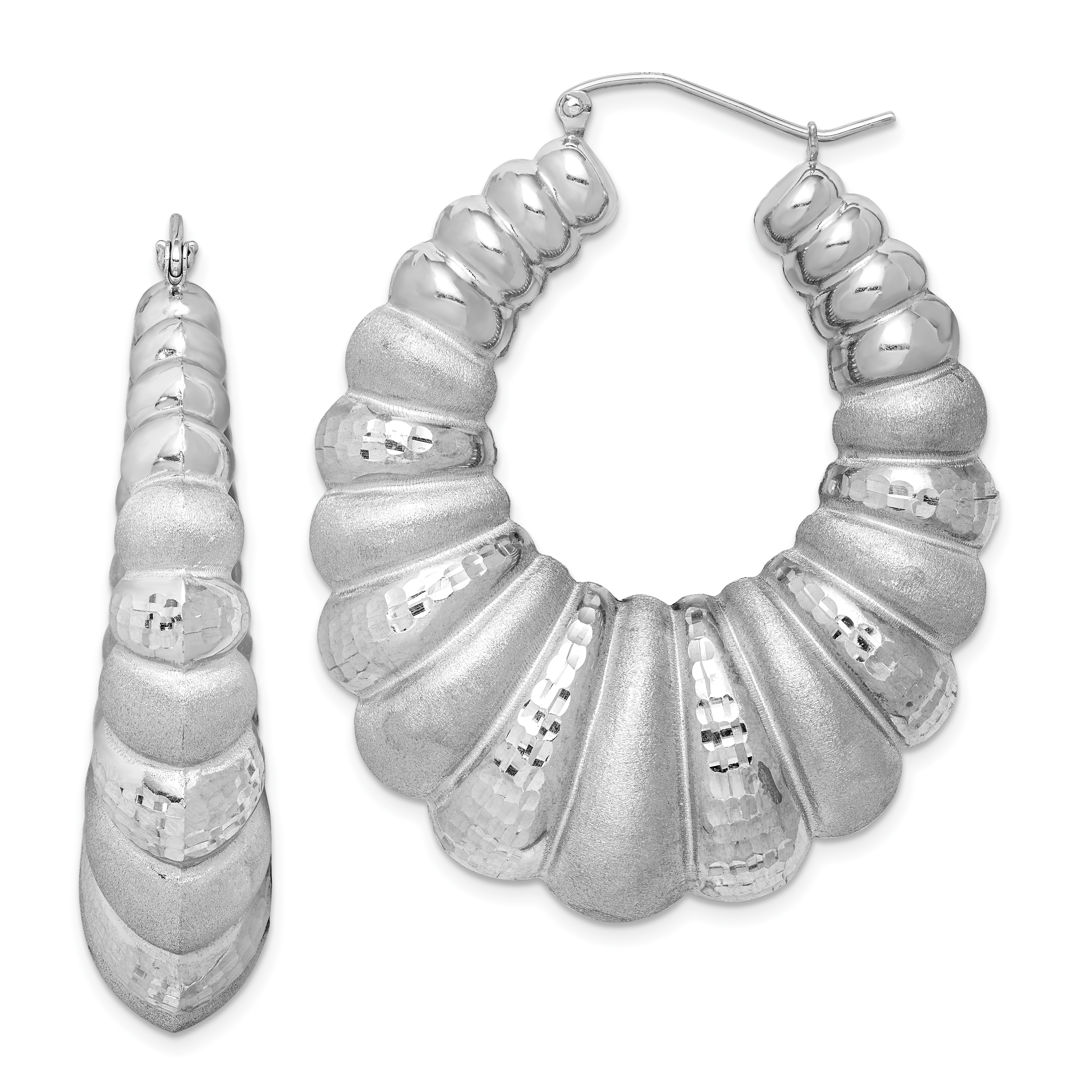 Sterling Silver Rhodium-plated Satin & D/C Shrimp Oval Hoop Earrings (QE4690)