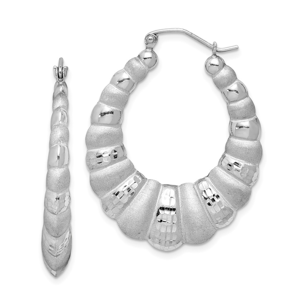 Sterling Silver Rhodium-plated Satin & D/C Shrimp Oval Hoop Earrings (QE4692)