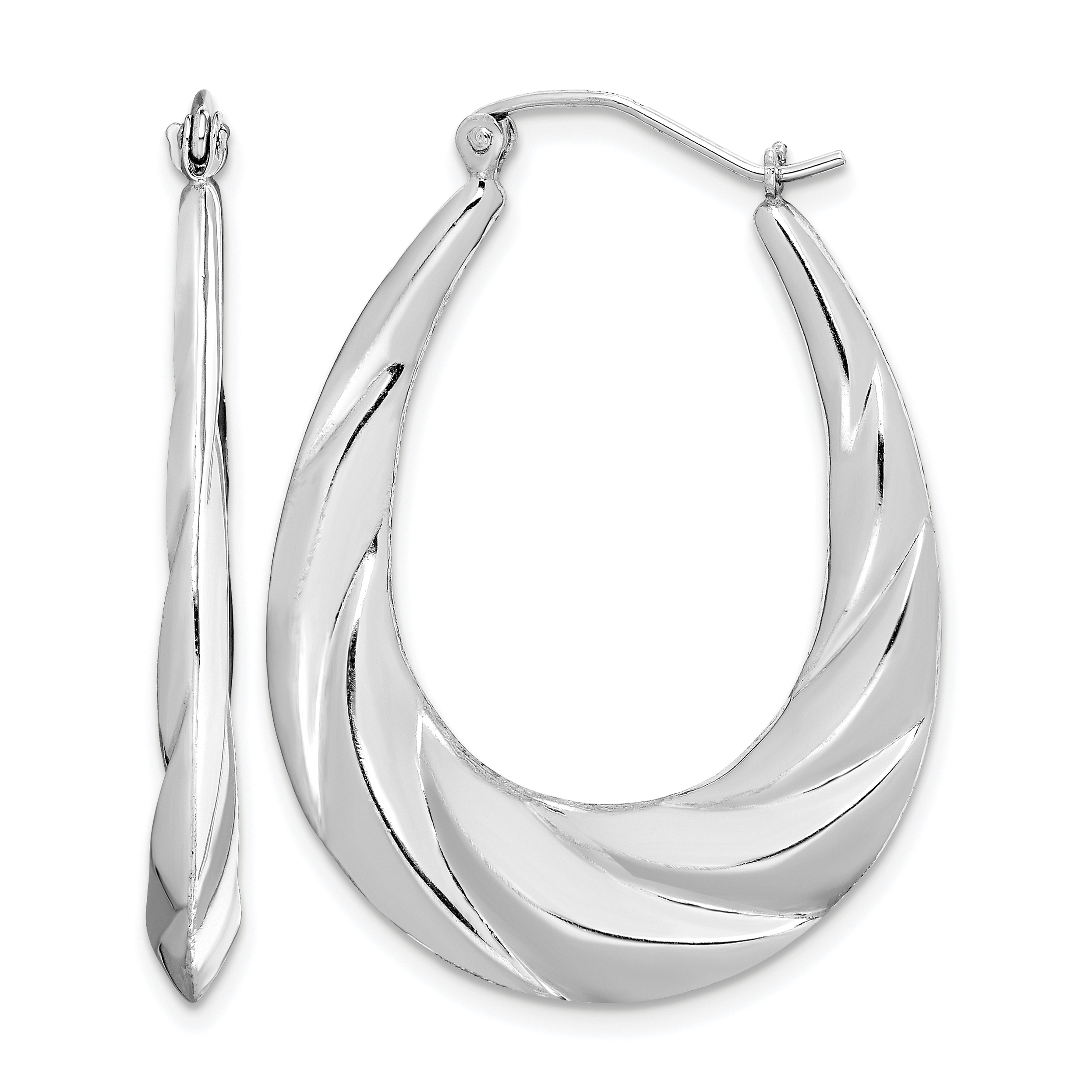 Sterling Silver Rhodium-plated Twisted Scalloped Oval Hoop Earrings (QE4696)