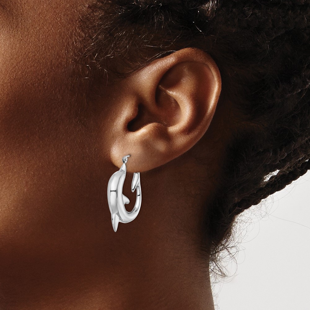 Sterling Silver Rhodium-plated Polished Dolphin Round Hoop Earrings (QE4698)