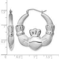 Sterling Silver Rhod-plated Polished Satin Claddagh Hoop Earrings view 4