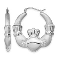 Sterling Silver Rhod-plated Polished Satin Claddagh Hoop Earrings view 1
