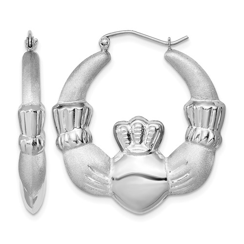 Sterling Silver Rhod-plated Polished Satin Claddagh Hoop Earrings