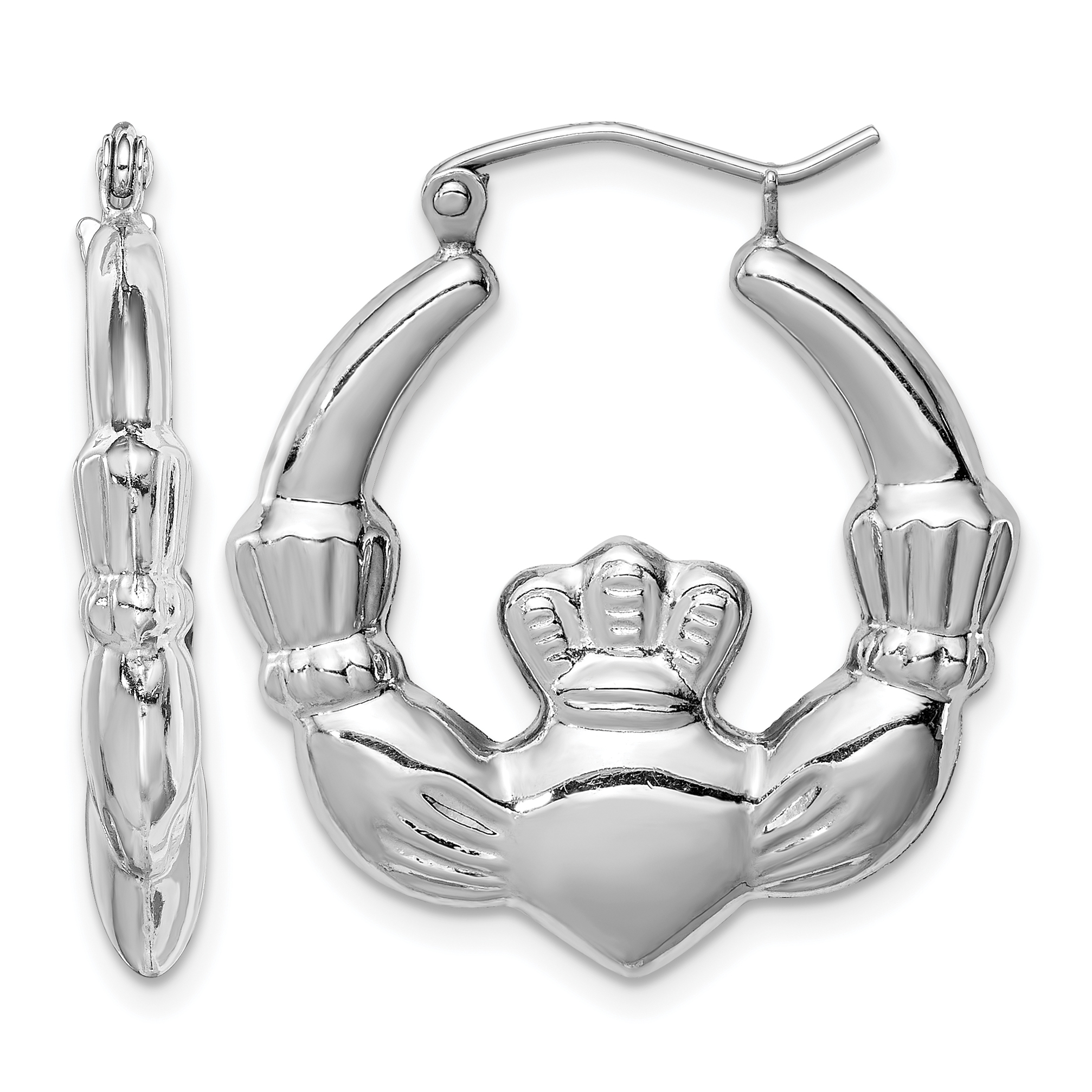 Sterling Silver Rhod-plated Polished Claddagh Round Hoop Earrings (QE4703)