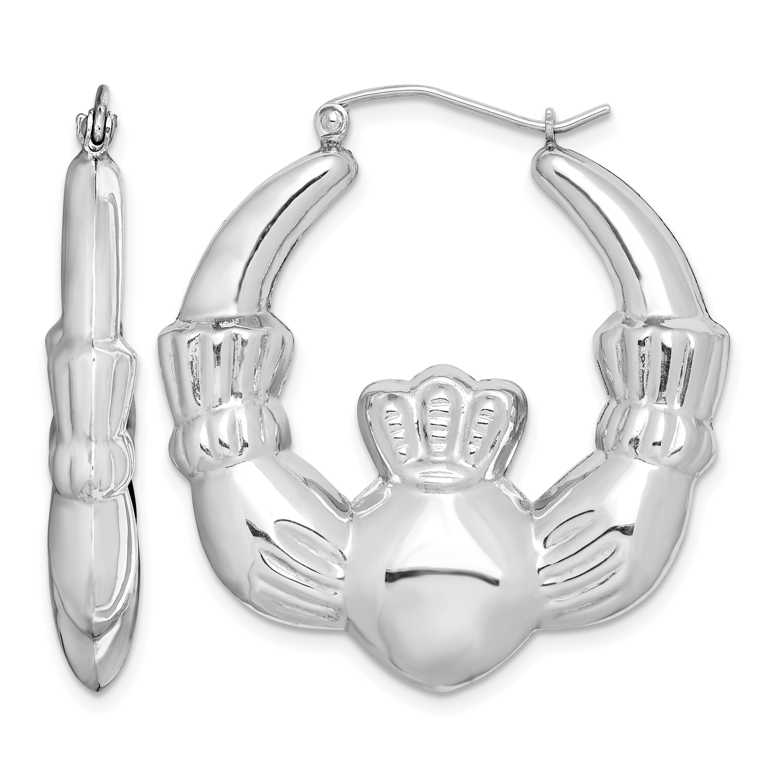 Sterling Silver Rhod-plated Polished Claddagh Round Hoop Earrings (QE4705)