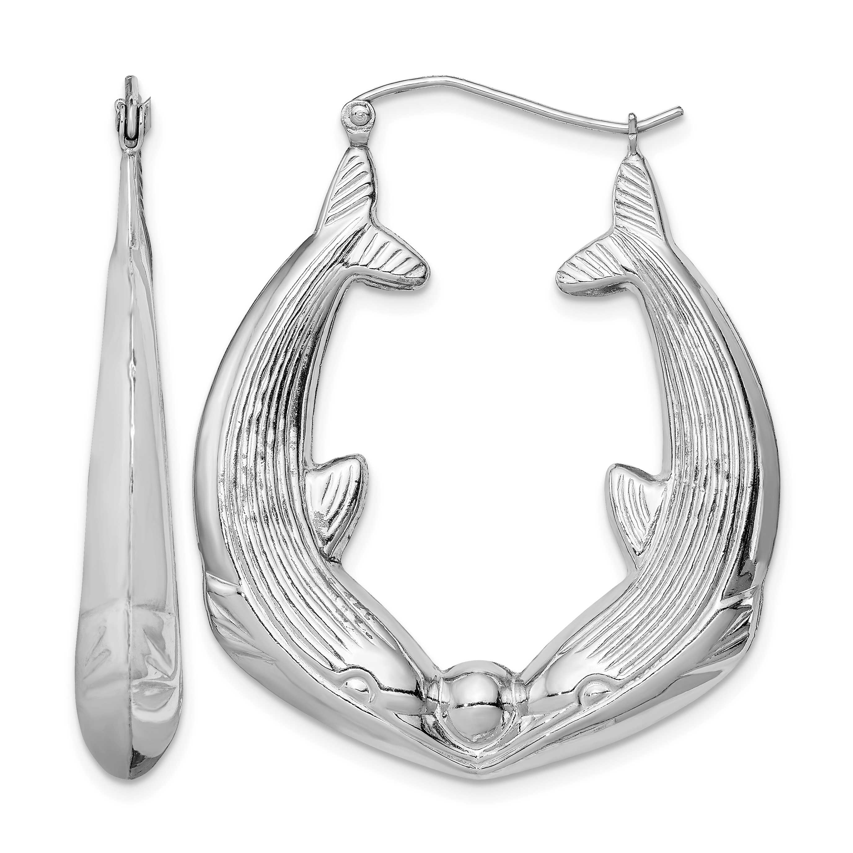 Sterling Silver Rhodium-plated Textured Dolphin Round Hoop Earrings (QE4707)