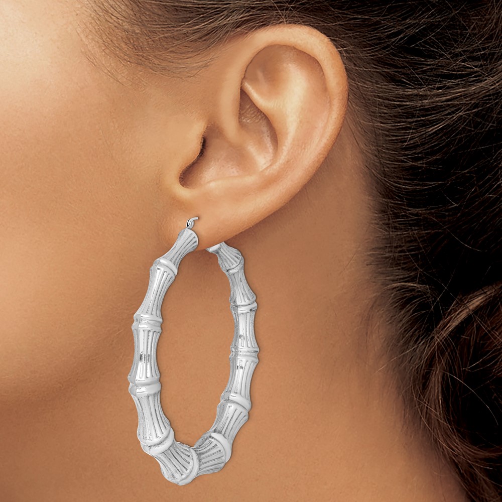 Sterling Silver Rhodium-plated Bamboo Round Hoop Earrings (QE4713)