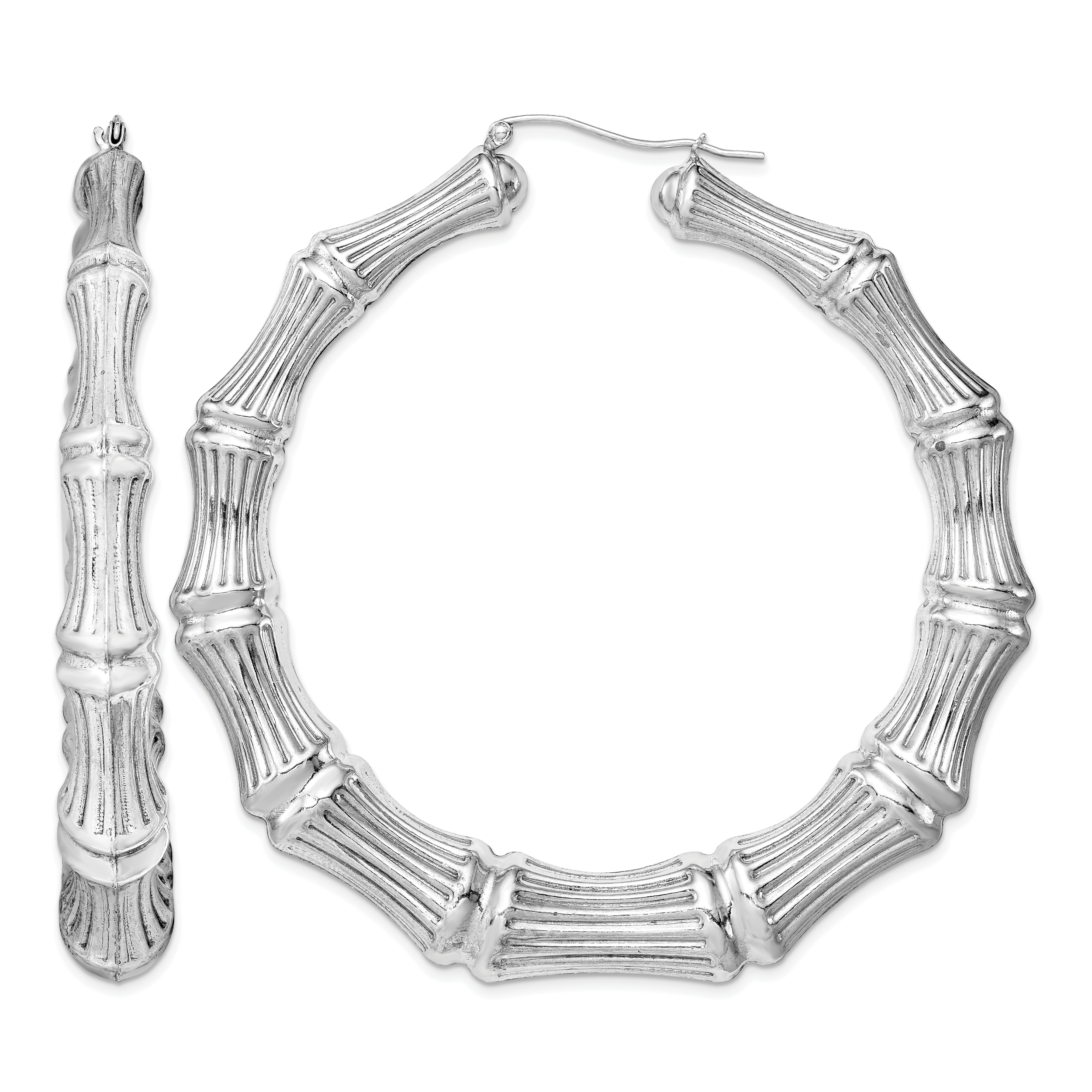 Sterling Silver Rhodium-plated Bamboo Round Hoop Earrings (QE4713)