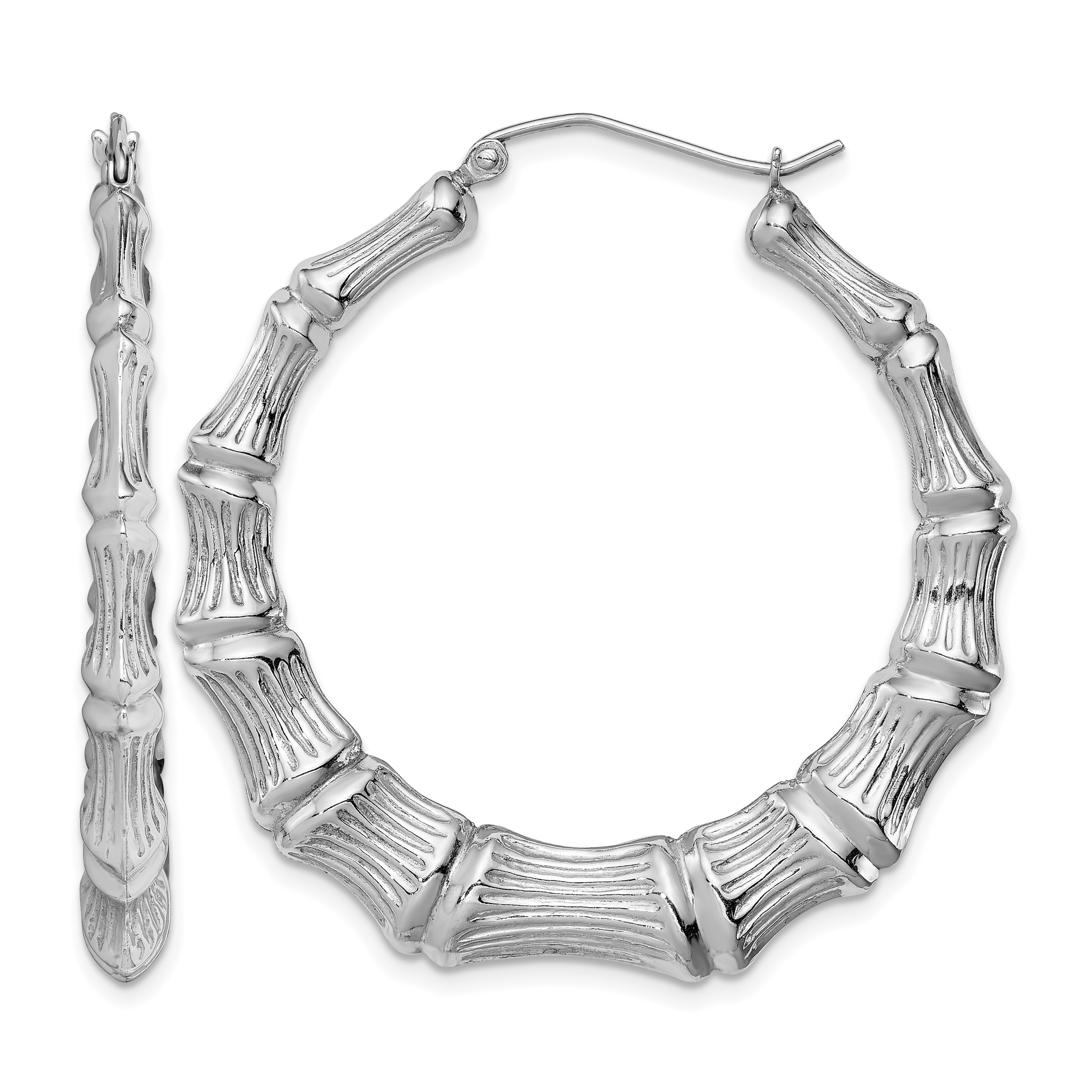 Sterling Silver Rhodium-plated Bamboo Round Hoop Earrings (QE4715)