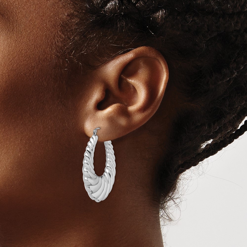 Sterling Silver Rhodium-plated Polished Shrimp Oval Hoop Earrings (QE4720)