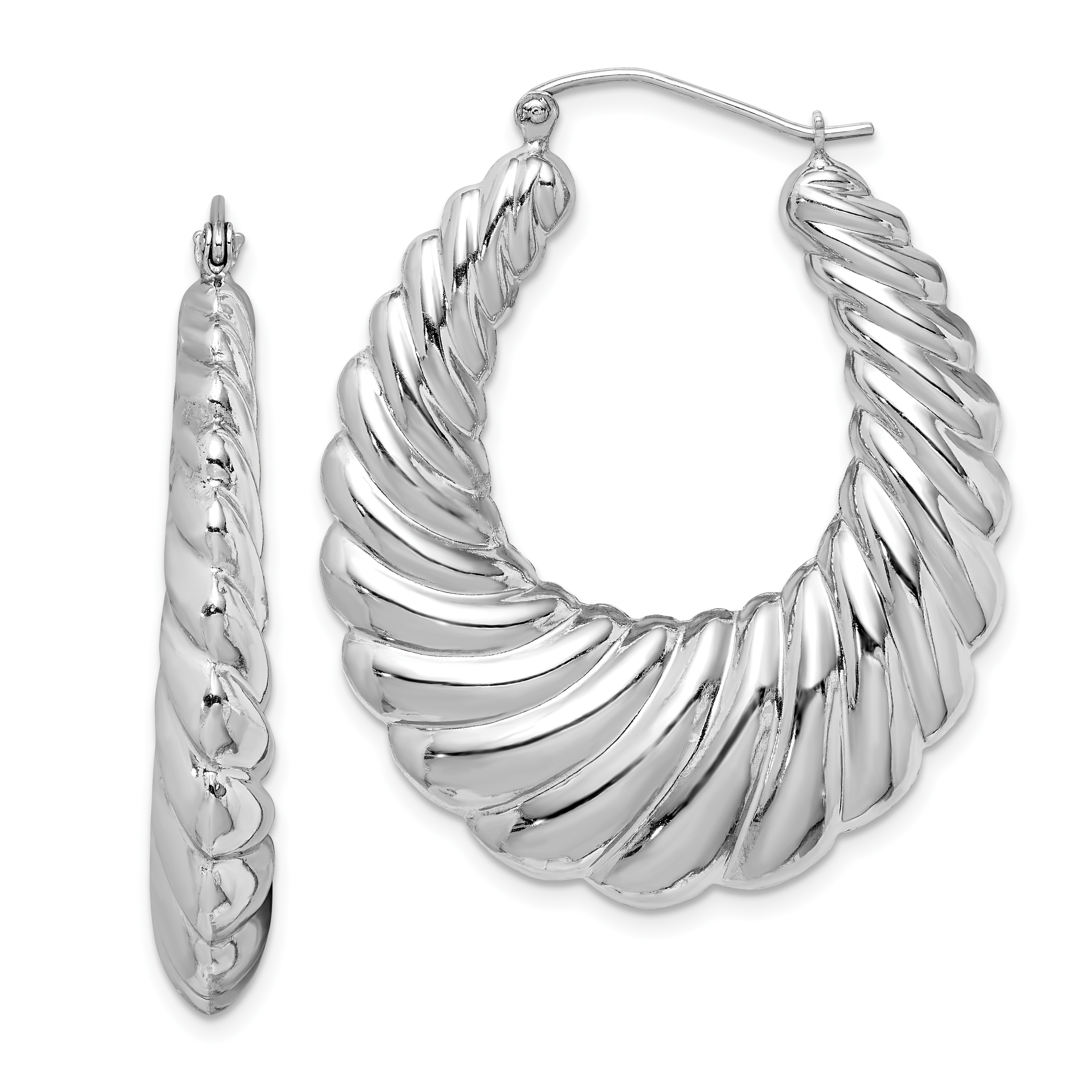 Sterling Silver Rhodium-plated Polished Shrimp Oval Hoop Earrings (QE4720)