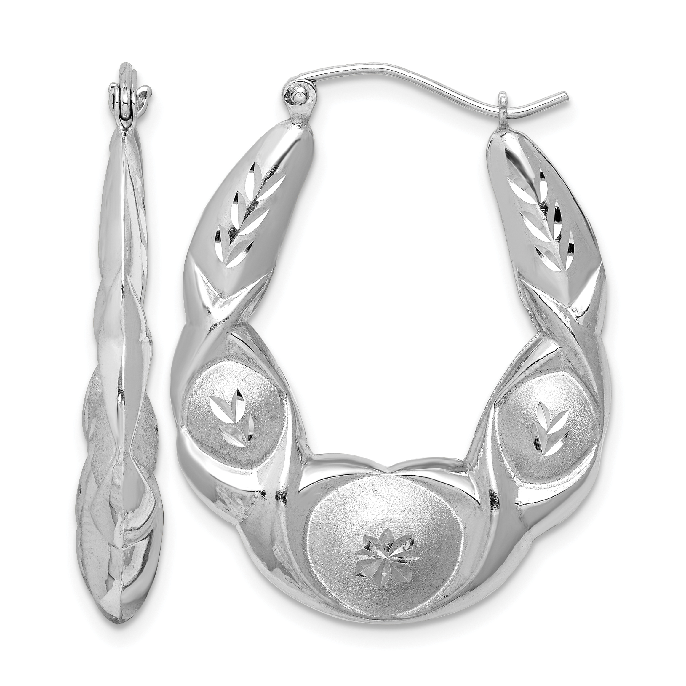 Sterling Silver Rhod-plated Satin & D/C Scalloped Oval Hoop Earrings (QE4729)