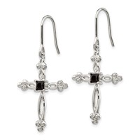 Sterling Silver Rhodium-plated Polished Diamond Accent & Black CZ Budded Cross Dangle Earrings view 2