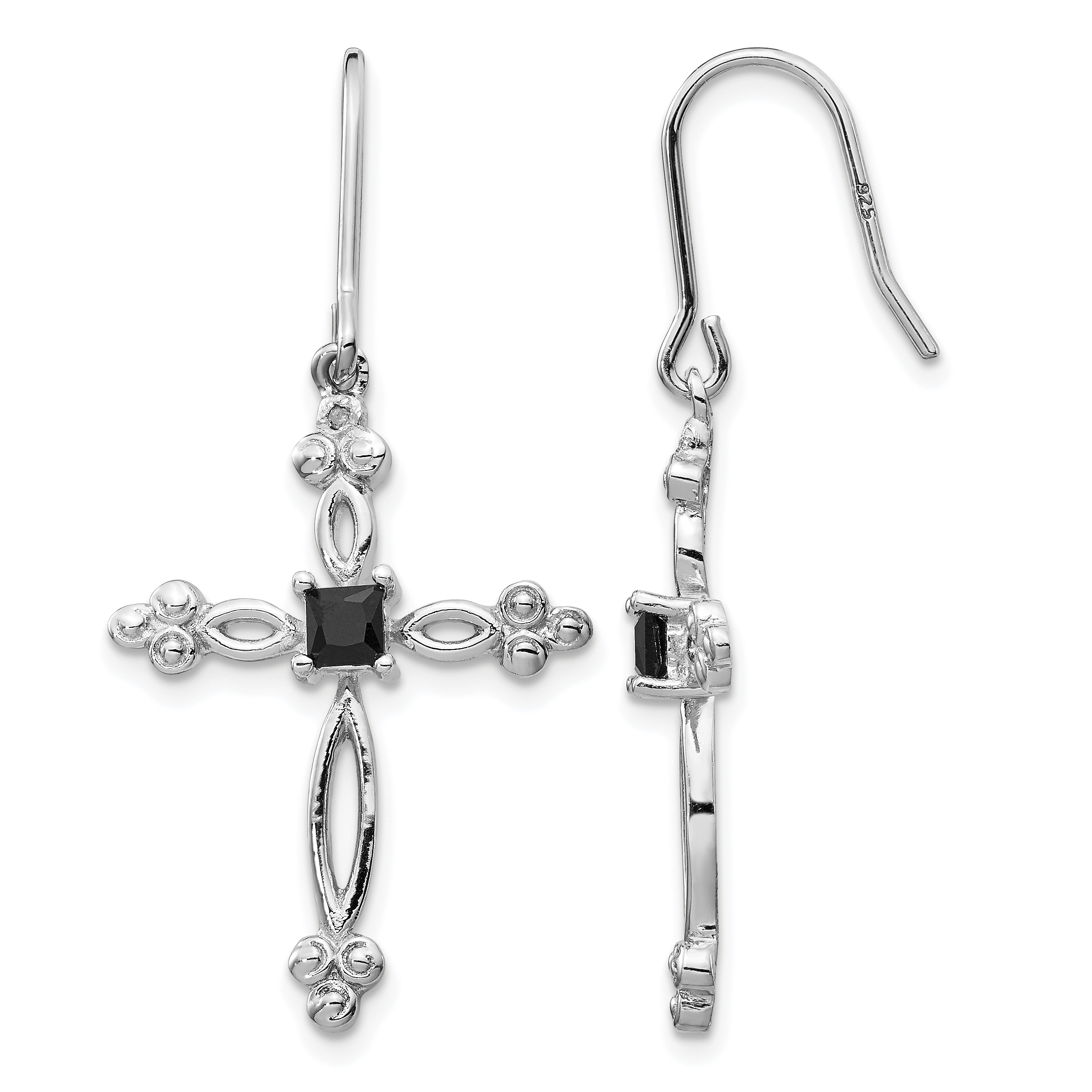 Sterling Silver Rhodium-plated Polished Diamond Accent & Black CZ Budded Cross Dangle Earrings (QE4773)