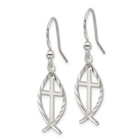 Sterling Silver Polished & D C Cross & Ichthus Dangle Earrings view 2