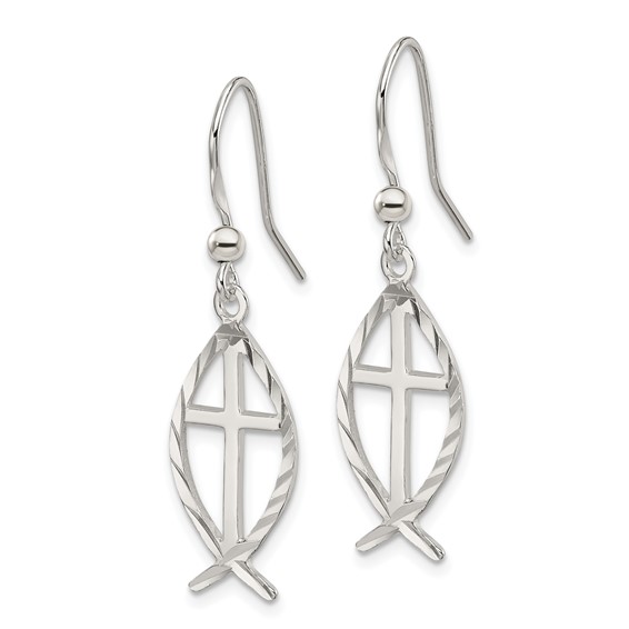 Sterling Silver Polished & D/C Cross & Ichthus Dangle Earrings