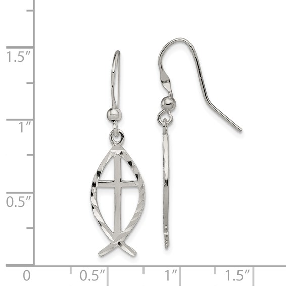 Sterling Silver Polished & D/C Cross & Ichthus Dangle Earrings
