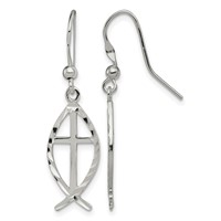 Sterling Silver Polished & D C Cross & Ichthus Dangle Earrings view 1