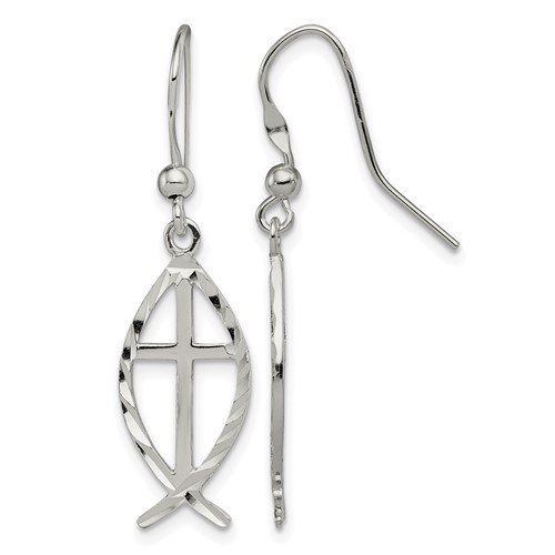 Sterling Silver Polished & D C Cross & Ichthus Dangle Earrings