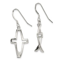 Sterling Silver Polished Cross Ichthus Dangle Earrings view 2