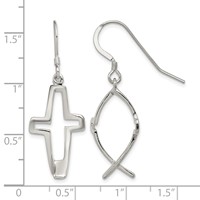 Sterling Silver Polished Cross Ichthus Dangle Earrings view 4