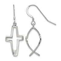 Sterling Silver Polished Cross Ichthus Dangle Earrings view 1