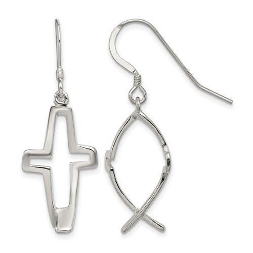 Sterling Silver Polished Cross Ichthus Dangle Earrings