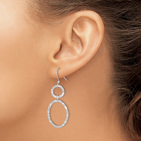 Sterling Silver Rhod-plated Polished & Hammered Circle & Oval Dangle Earrin