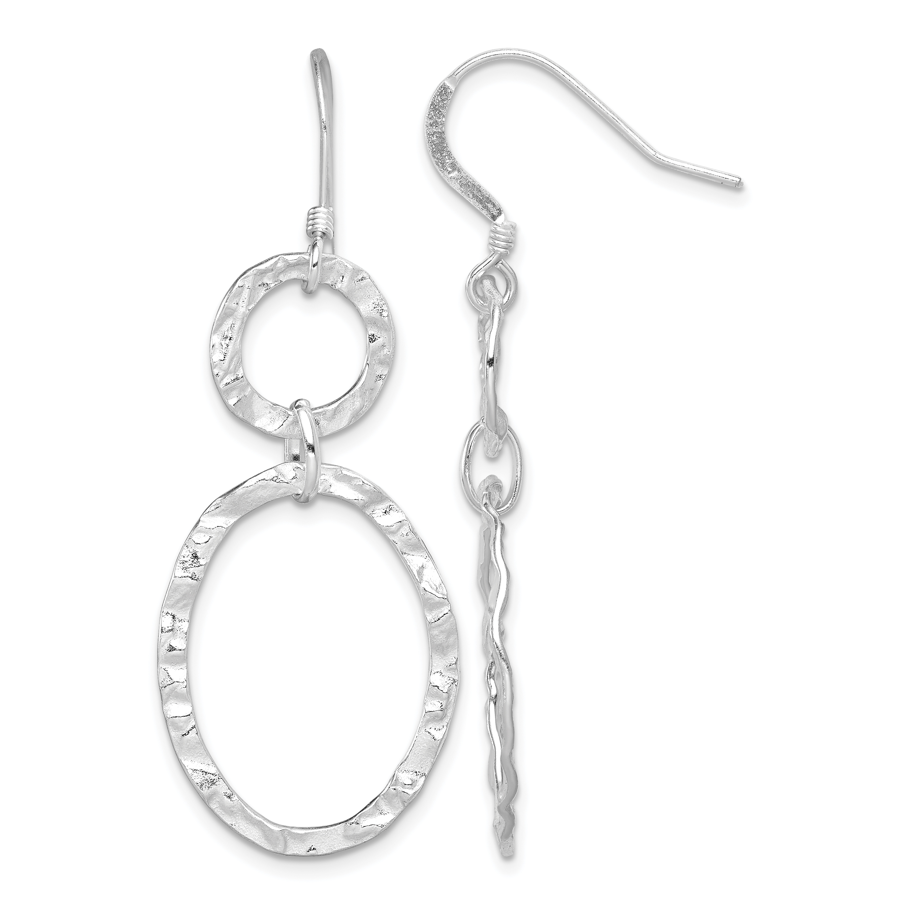 Sterling Silver Rhod-plated Polished & Hammered Circle & Oval Dangle Earrin (QE4812)