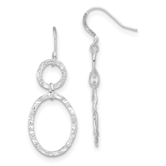 Sterling Silver Rhod-plated Polished & Hammered Circle & Oval Dangle Earrin