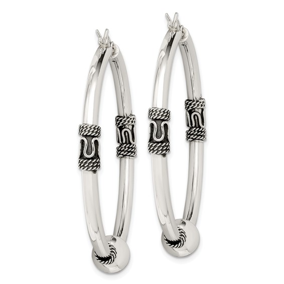 Sterling Silver Beaded Antiqued Hoop Earrings