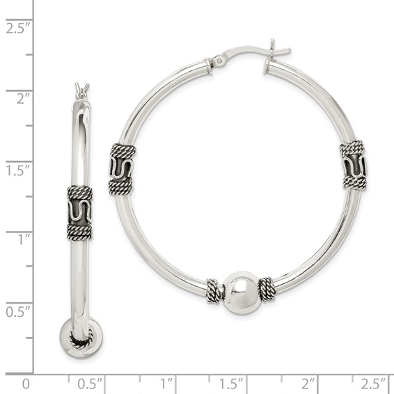 Sterling Silver Beaded Antiqued Hoop Earrings