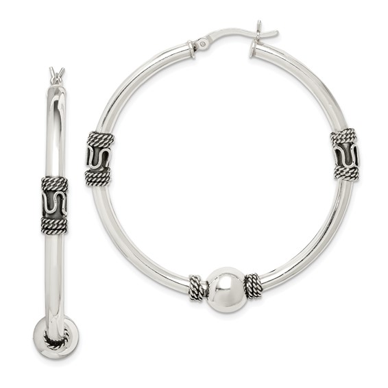 Sterling Silver Beaded Antiqued Hoop Earrings