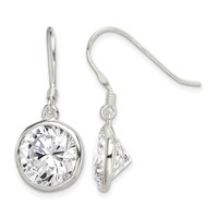 Sterling Silver Polished 11mm Round CZ Bezel Set Dangle Earrings view 1