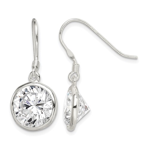 Sterling Silver Polished 11mm Round CZ Bezel Set Dangle Earrings